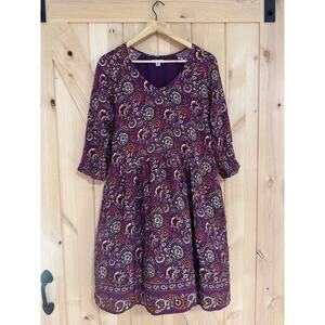 Garnet Hill | Purple Floral Boho 3/4 Sleeve Short Dress | Size 12